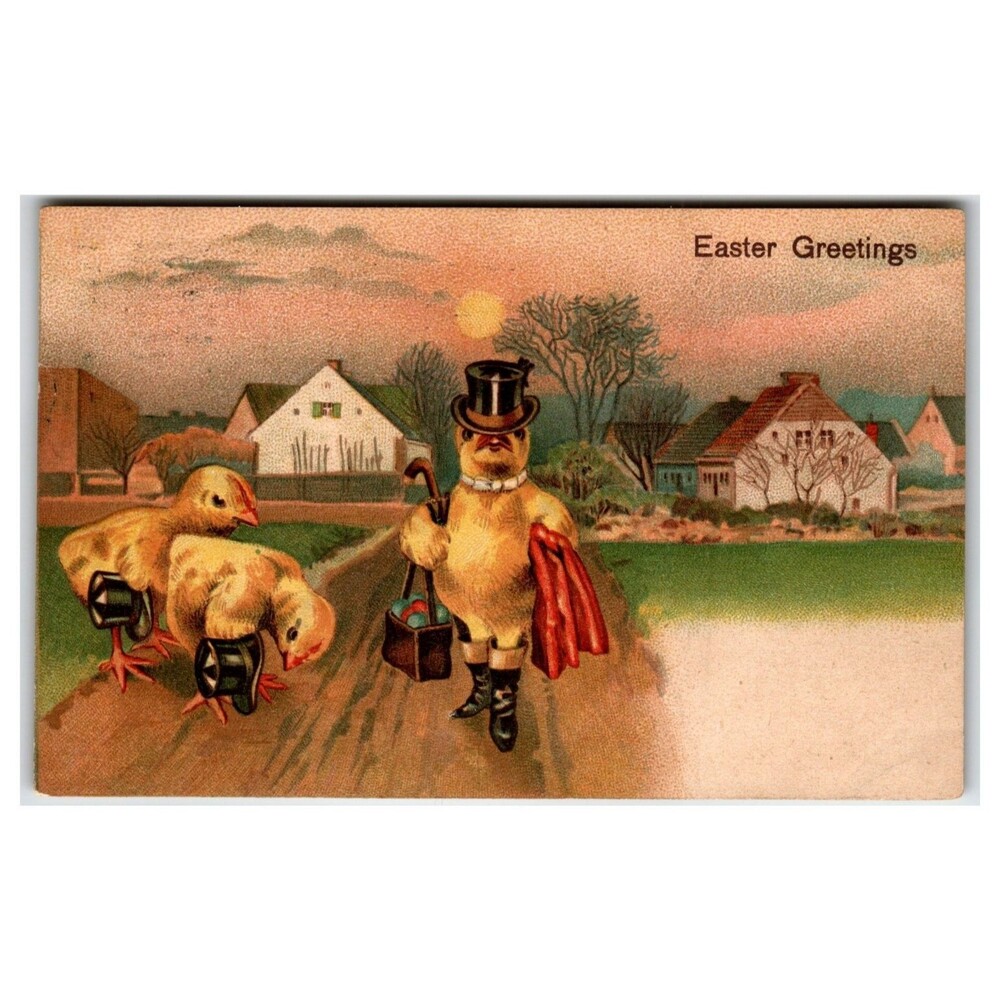 1908 Easter Greetings Postcard Anthropomorphic Chicks Golf Top Hat E.B. N.Y